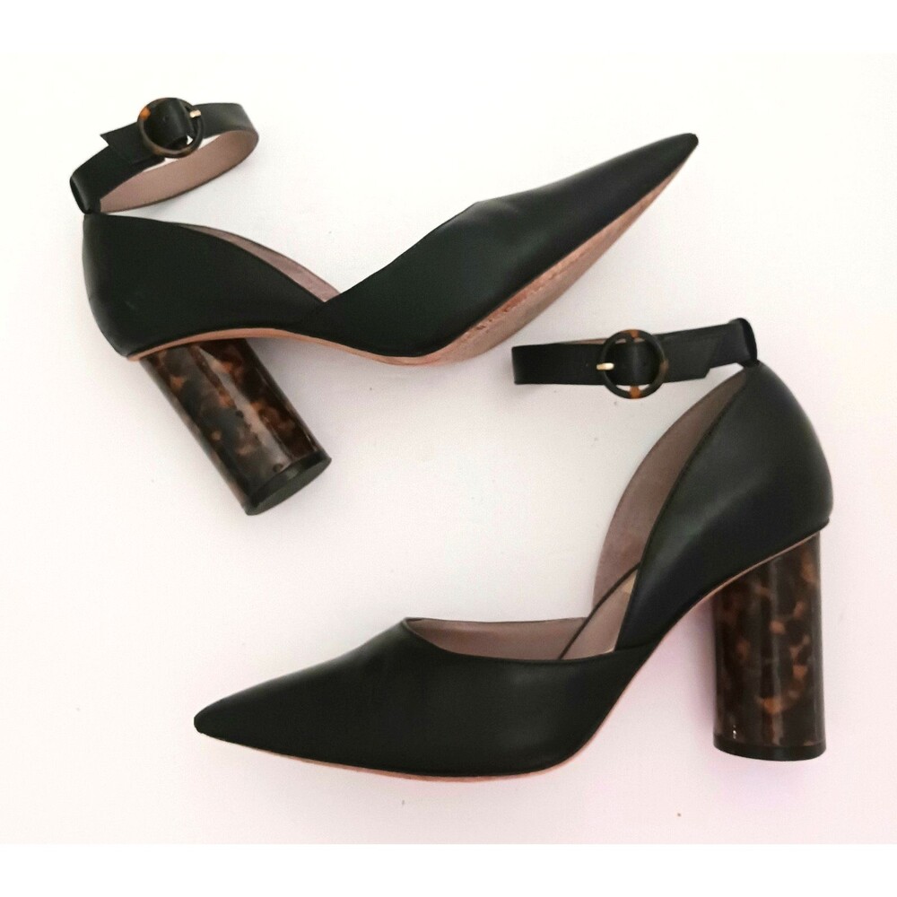 Deltan Blk Leather Point Toe Pump Ankle Strap Tortoise Cylinder Block Heel 8.5M